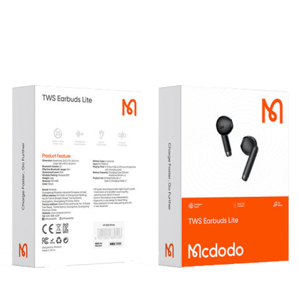 Mcdodo TWS Wireless Earbuds with Bluetooth 5.0 and HD Sound - Black & White