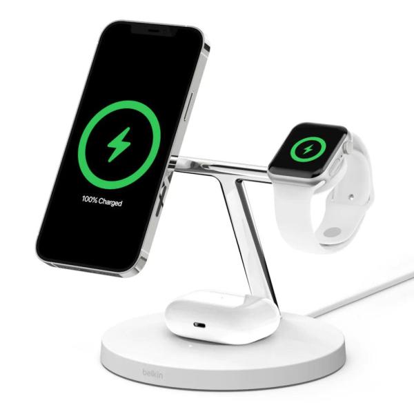Belkin 3 in 1 15W MagSafe Wireless Charger for Apple Devices - White & Black