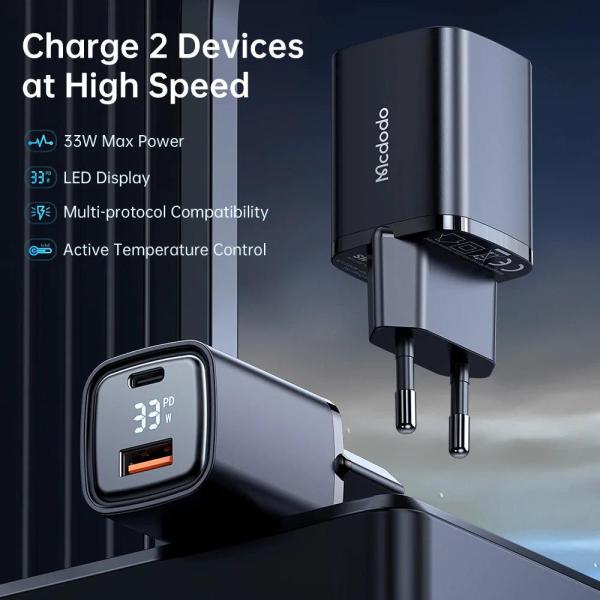 Mcdodo 33W PD & QC Dual Port Fast Charger and Digital Display - Black